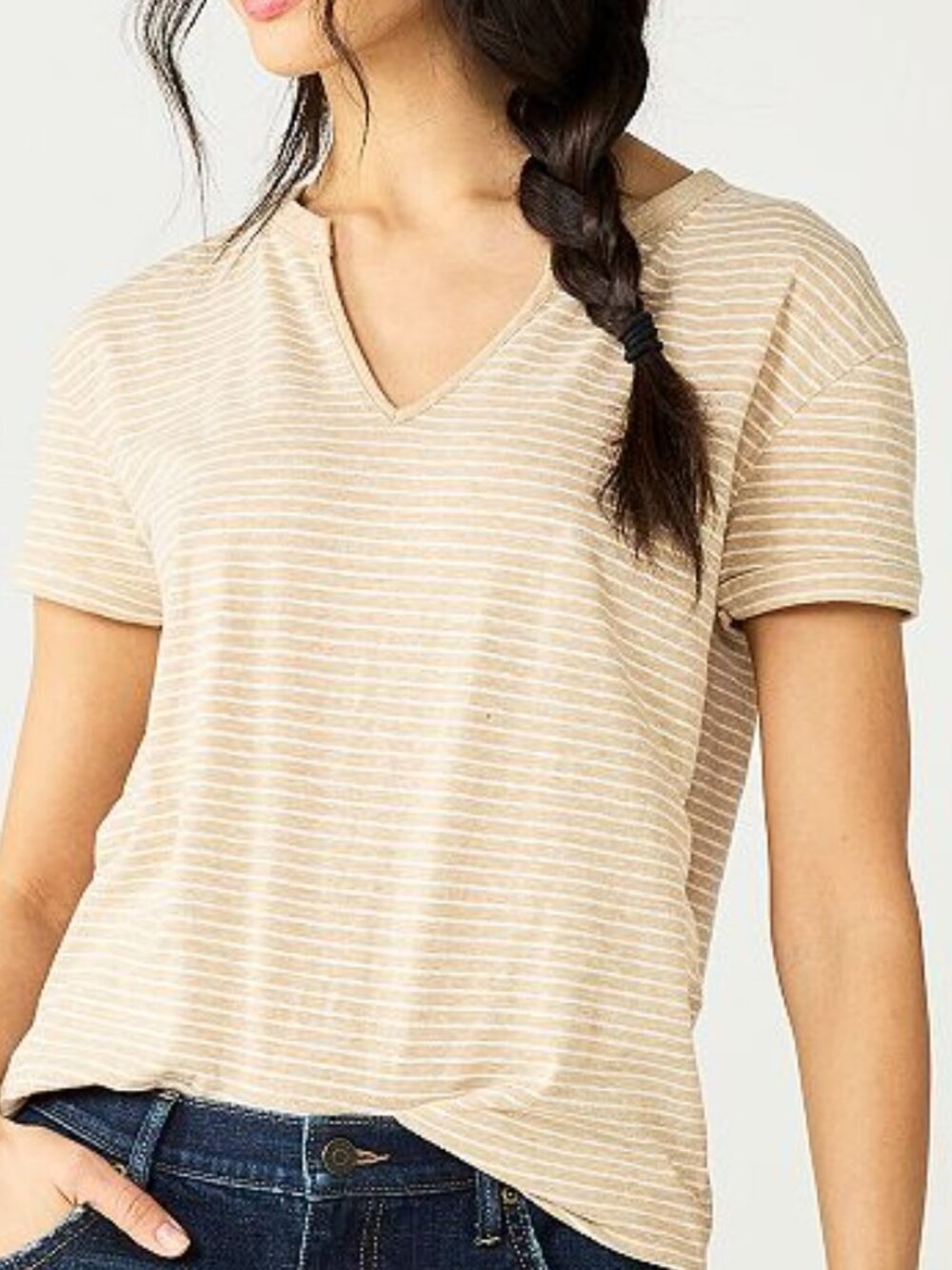 Women's Sonoma Goods For Life Notch Neck Easy T-Shirt - Beige & White Stripes- M